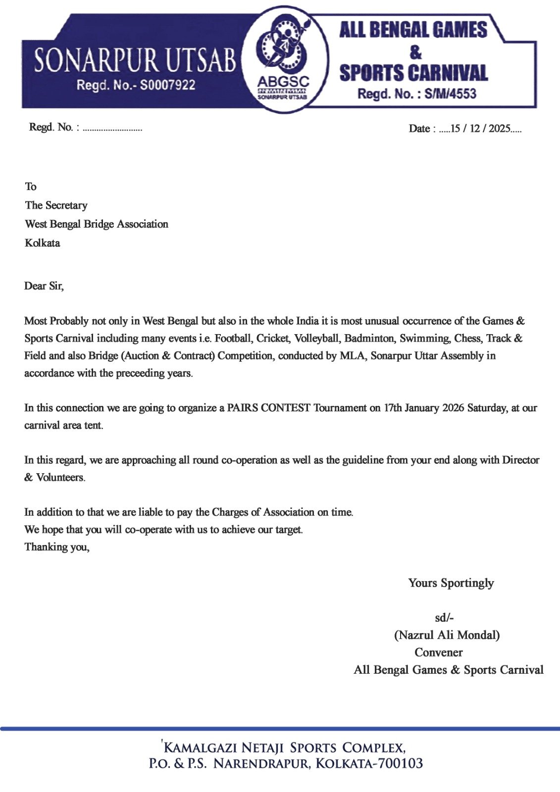 One Day Bridge Pair Contest - Sonarpur Utsav